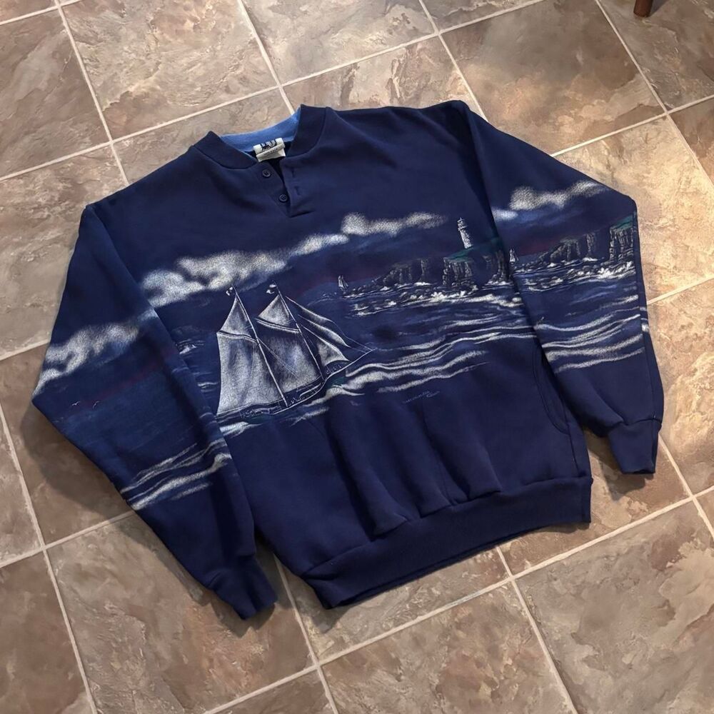 VTG 90s art unlimited sailboat/lighthouse Maine nature AOP sweatshirt! size med!
